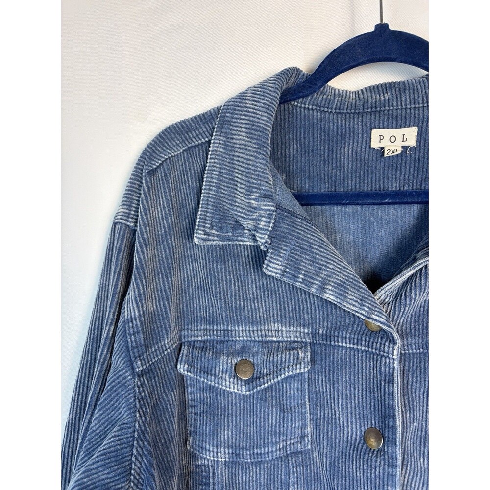 POL Sea Blue Crop Corduroy Distressed Raw Edge Jacket Frayed Size 2X Boho Grunge - Picture 3 of 11